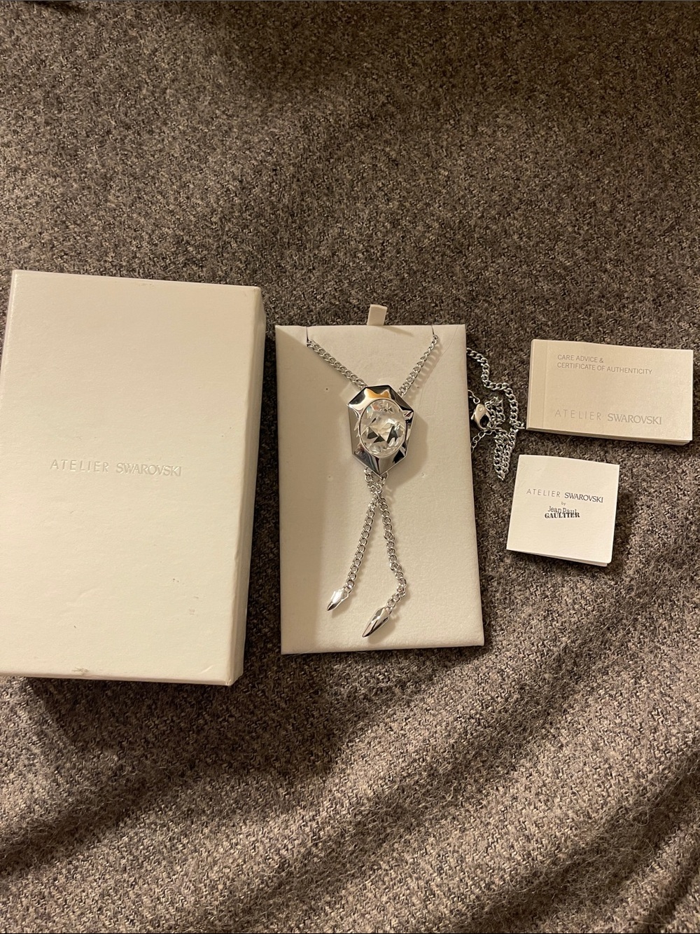 Atelier Swarovski Silver Lariat Necklace with Clear Crystal Pendant